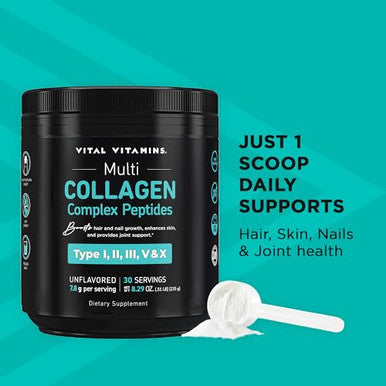Vital Vitamins Multi Collagen Peptides Powder Unflavored, Easy to Dissolve Type I II III V X for Women and Men Promotes Hair Skin Nails and Joint Health 30 Servings