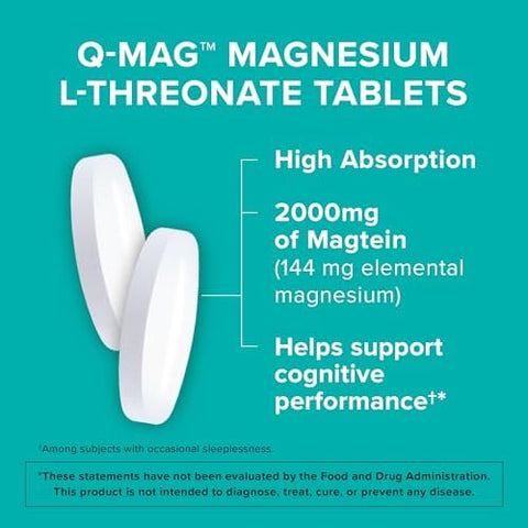 Qunol QMag Magnesium LThreonate Tablets 2000mg of Magtein to Help Support Cognitive Performance Improve Mental Alertness and Productivity Supports Restful Sleep High Absorption 60 Count