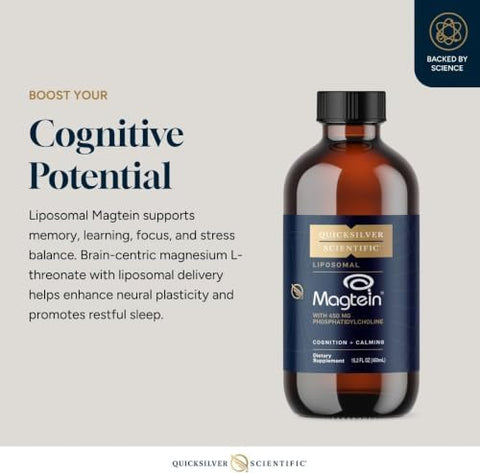 Quicksilver Scientific Liposomal Magtein Magnesium Supplement for Brain Function Support Stress Sleep and Memory Support GlutenFree SugarFree and Vegan 15.2 fl oz (30 Servings)