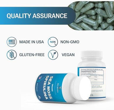 Organic Sea Moss Spirulina, 90 Capsules, 100% Organic Sea Moss Spirulina, Strength & Endurance- High Potency Sea Moss Supplement, Made In Usa, Superfood Capsules For Men & Women, Vegan