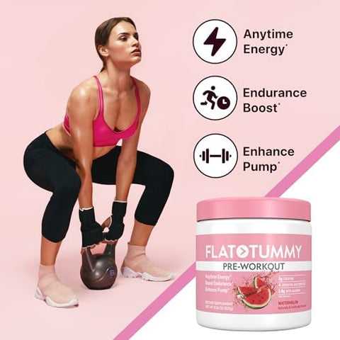 Flat Tummy Pre Workout Powder For Women " Energy Endurance And Muscle Support With 3G Creatine 1.6G Betaalanine Electrolytes " Watermelon Flavor " 30 Servings