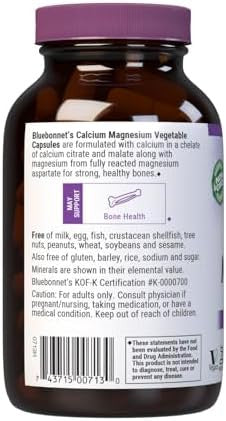 Bluebonnet Nutrition Calcium & Magnesium Bone Health Nongmo Vegan Kosher Gluten Soy 90 Vegetable Capsules 30 Servings