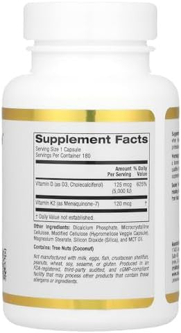 California Gold Nutrition Vitamin D3 + K2 180 Veggie Capsules