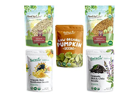 Food to Live Organic Omega-3 Seeds in a Gift Box - A Variety Pack of Sunflower, Pumpkin, Chia, Golden Flax, and Hemp Seeds