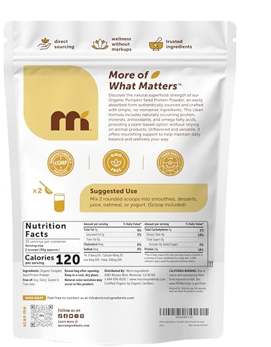 Micro Ingredients Organic Pumpkin Seed Protein Powder 2Lb Raw Plant-Based Protein Single-Ingredient Powder Smooth Texture & Versatile Use Non-Gmo Soy Free
