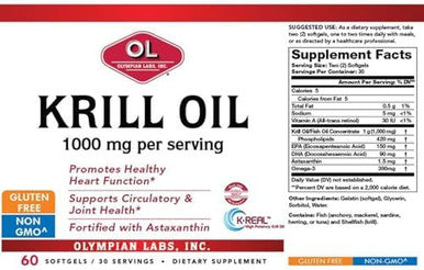 Olympian Labs Antarctic Krill Oil 1000Mg Caps With Astaxanthin Omega3 Epa Dha Immune Joint & Brain Support 60 Softgels