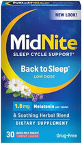 Midnite Back To Sleep Low Dose 1.5 Mg Melatonin Sleep Aid Nonhabit Forming Herbal Dietary Supplement For Adults Drug Gluten Lactose Vegetarian Vegan 30 Quick Melt Tablets 2 Ct