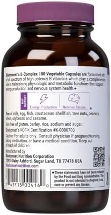 Bluebonnet Nutrition B Complex 100 Vegetable Capsules Complete Full Spectrum Vitamin B6 B12 Biotin Folate Vegan Vegetarian Gluten Soy Milk Kosher 50 Vegetable Capsules