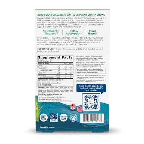 Nordic Naturals Zero Sugar Children S Dha Vegetarian Gummy Chews - Passion Fruit Lemon Flavor - 30 Gummies - Vegan Algae Oil Omega-3 Supplement For Kids Brain & Cognition Support 30 Servings