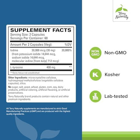 Terry Naturally Thyroid Care Immune Health & Energy Support Formula Nutritional Supplement With Iodine For Thyroid Health Support Wellness Supplement With Ltyrosine 120 Capsules