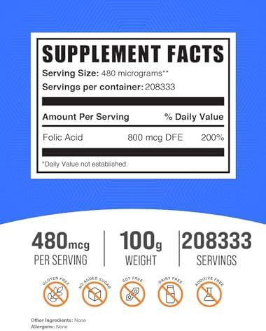 Bulksupplements.Com Folic Acid Powder - Vitamin B9, Folic Acid Supplement - Folic Acid Prenatal Vitamins, Folic Acid 800 Mcg - Gluten Free, 480Mcg Per Serving, 100G (3.5 Oz) (Pack Of 1)