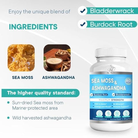 Bio Vitalica Sea Moss Ashwagandha Gummies Organic Irish Seamoss & Ashwagandha Root Supplements For Supporting Energy For Men & Women 60 Vegan Gummies