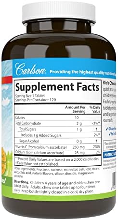 Carlson Kid's Chewable Vitamin C 250 mg 1 g of Sugars Immune Support and Optimal Wellness Antioxidant Tangerine 120 Vegetarian Tablets