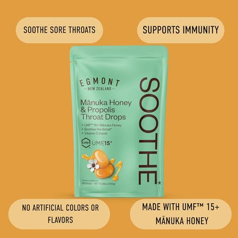 Egmont Honey Manuka Honey & Propolis Throat Drops 50 Count Umf 15+ Zealand Honey With Vitamin C Soothing Natural Relief For Sore Throats
