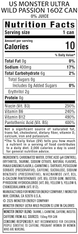 Monster Energy Ultra Wild Passion, Sugar Free Energy Drink, 16 Ounce (Pack of 15)