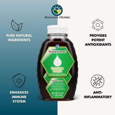 Amazing Herbs Raw Natural Honey Herbal Honey Infused With Ecea Elderberry Garlic Eucalyptus Extracts and Pure Black Seed Oil Non Gmo Gluten Honeyzest Immune Boost 16 Fl Oz