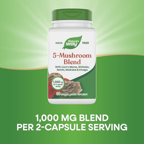 Nature'S Way 5-Mushroom Blend With Lion S Mane Shiitake Reishi Maitake Chaga Mushroom 60 Vegan Capsules