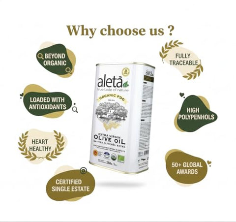 Aleta, USDA Organic Greek Extra Virgin Olive Oil, EU Certified Single Estate PDO Greece, 1 Lt (33.8 oz.) Tin, Kosher EK, Pack of 1