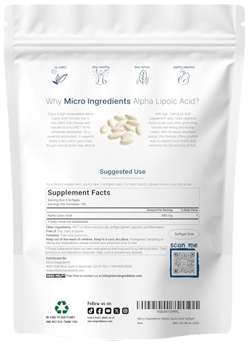 Micro Ingredients Alpha Lipoic Acid 600Mg With Mct Oil 300 Softgels Ala Supplement For Liver Antioxidants Nerve Cardiovascular Health Support Non-Gmo Gluten-Free Soy-Free