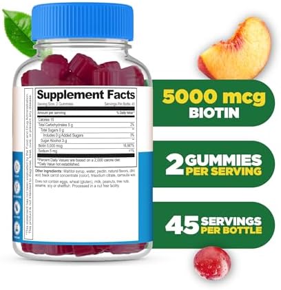 Lifeable Sugar Free Biotin Gummies 5000mcg Vitamin B7 Great Tasting Biotin Supplement for Hair Growth Skin and Nail Health Hair Supplement for Women Men Adults 90 Gummies