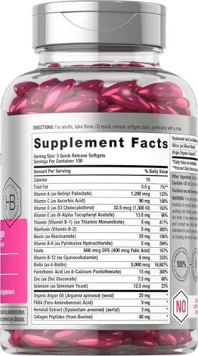Horbaach Hair Skin and Nails Vitamins 300 Softgels with Biotin and Collagen Infused with Argan Oil and Coconut Oil NonGMO Gluten Free Supplement