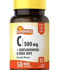 Sundance Vitamin C 500mg with Bioflavonoids and Rose HIPS Vegetarian NonGMO and Gluten Free Supplement