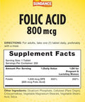 Sundance Folic Acid 800 mcg 250 Vegetarian Tablets Essential BVitamin Vegetarian NonGMO and Gluten Free Supplement
