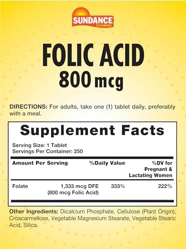 Sundance Folic Acid 800 mcg 250 Vegetarian Tablets Essential BVitamin Vegetarian NonGMO and Gluten Free Supplement