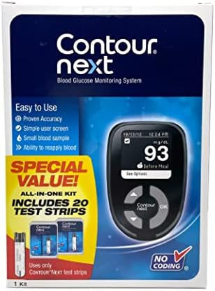 Ascensia Contour Next Blood Glucose Monitoring System " Allinone Kit For Diabetes With Glucose Monitor And 20 Test Strips For Blood Sugar & Glucose Testing