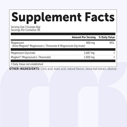 Micro Ingredients Mag Duo Magteina' Magnesium LThreonate and Magnesium Glycinate Powder Restful Sleep Calm and Focus Support 2In1 Advanced Magnesium Formula SugarFree Lemonade Flavor