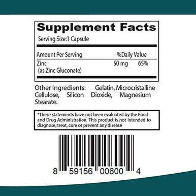 Zinc 50Mg, Immune Support & Antioxidant Supplement 100 Capsules - Gluten And Non-Gmo