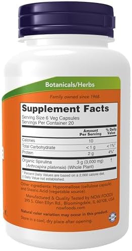 Now Foods Supplements Natural Spirulina 500 Mg With Betacarotene (Vitamin A) And Vitamin B12 And Naturally Occurring Protein And Gla (Gamma Linolenic Acid) 120 Veg Capsules