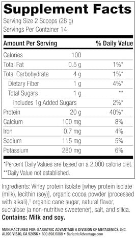 Bariatric Advantage High Protein Supplement Mix 20 Grams Whey Protein Isolate Low Sugar With 100 Calories Per Serving Chocolate 14 Servings