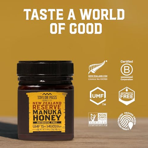 Taylor Pass Honey Co Manuka Honey UMF 15+ MGO 514+ | Monofloral New Zealand Honey | Premium, Sustainable, Non-GMO, Halal, UMF Certified | BPA-Free Jar | 8.83 oz