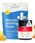 New Zealand Honey Co. Manuka Soothing Drops Lemon MGO 250+ (16 Count) + Raw Manuka Honey UMF 15+ MGO 514+ (8.8oz/250g)