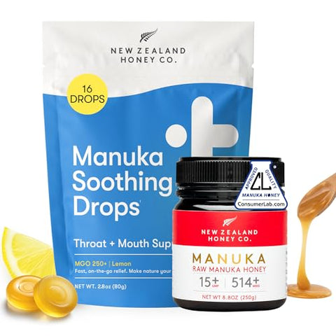 New Zealand Honey Co. Manuka Soothing Drops Lemon MGO 250+ (16 Count) + Raw Manuka Honey UMF 15+ MGO 514+ (8.8oz/250g)