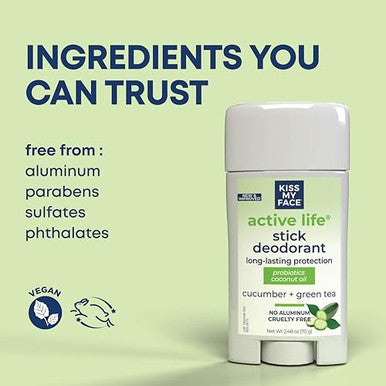 Kiss My Face Active Life Deodorant Contains Naturally Derived Ingredients 72 Hour Odor Control For Women And Men Aluminum With Coconut Oil And Probiotics Cucumber And Green Tea Scent 3 Pack