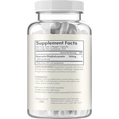 Clear Formulas High Strength Quercetin 500Mg Capsules - Quercetin Dihydrate Potent Flavonoid Antioxidant And Nutraceutical For Heart And Immune Support - Vegan Friendly - Made In A Cgmp Us Lab (200 Servings)