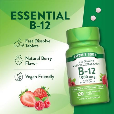 Nature's Truth B12 Vitamin Sublingual Tablets 1000 mcg 120 Count Vegan NonGMO and Gluten Free Vegan NonGMO and Gluten Free