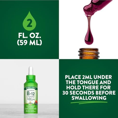 Nature's Truth B12 Sublingual Liquid Drops 10000 mcg 2 oz Fast Acting Vegan NonGMO and Gluten Free