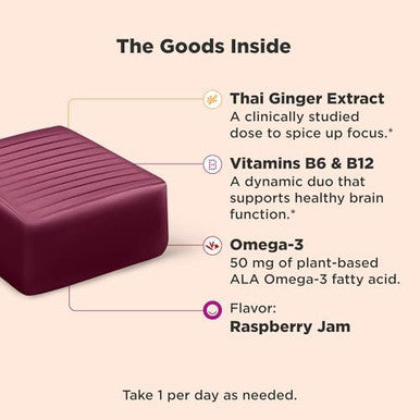 Olly Focused Thinker Brainy Chews Omega3 Ala Vitamins B6 & B12 Plus Thai Ginger Extract For Alertness Concentration & Cognitive Performance Support Vegetarian Raspberry 20 Count
