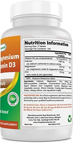 Best Naturals Calcium Magnesium Zinc With Vitamin D3 & Vitamin K2 (Mk7) With D3