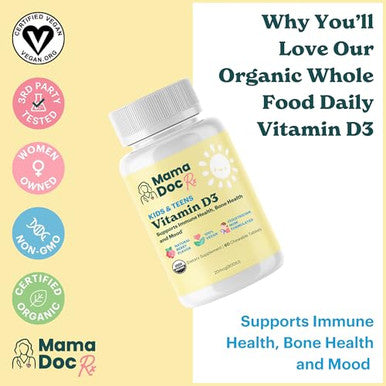 Mamadoc Rx Certified Organic Kids And Teens Whole Food Vitamin D3 Chewables | 800 Iu | Sugar Free Vegan Free Of 9 Major Allergens | 2 Month Supply | Ages 3+