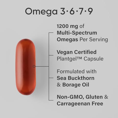 Sports Research Vegan Omega 3-6-7-9 - 1200 Mg Of Multi-Spectrum Omega Fatty Acids Certified Non-Gmo Formula With Sea Buckthorn & Borage Oil 90 Veggie Softgels