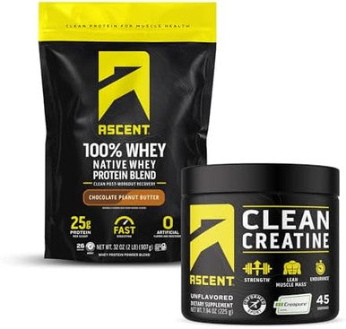 Ascent 100% Whey Protein Powder, Chocolate Peanut Butter 2 Lb & Creatine Monohydrate Powder, Unflavored 45 Servings