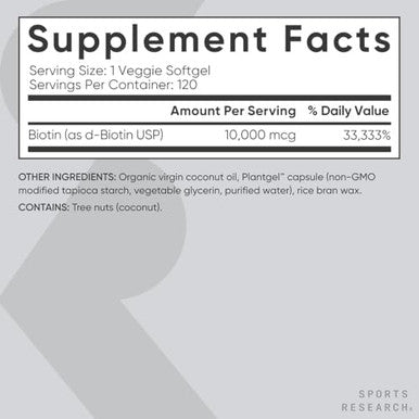 Sports Research Vegan Biotin 10,000Mcg With Coconut Oil - Max Strength Biotin Vitamin B7 For Skin And Keratin Support - Non-Gmo & Gluten Free, 120 Softgels (4 Month Supply)