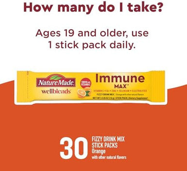 Nature Made Wellblends Immunemax Fizzy Drink Mix, Vitamin C 1500Mg, Zinc 15 Mg, Vitamin D3 1000 Iu (25 Mcg), Plus B Vitamins And Electrolytes Hydration Blend, 30 Stick Packs