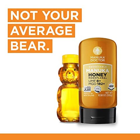 MANUKA DOCTOR -UMF8/ MGO 182+ Monofloral SQUEEZY and MGO 30+ Multifloral SQUEEZY Manuka Honey Value Bundle, 100% Pure New Zealand Honey. Certified. Guaranteed. RAW. Non-GMO