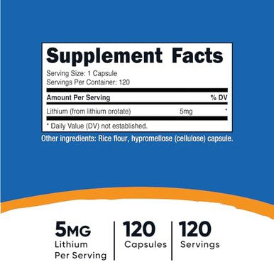 Nutricost Lithium Orotate 5Mg 120 Capsules Veggie Caps Nongmo Gluten
