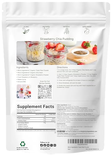 Micro Ingredients Organic Triple Fiber Powder 2Lb Natural Prebiotic To Support Digestive & Gut Health Soluble Easily Digestible Unflavored Vegan